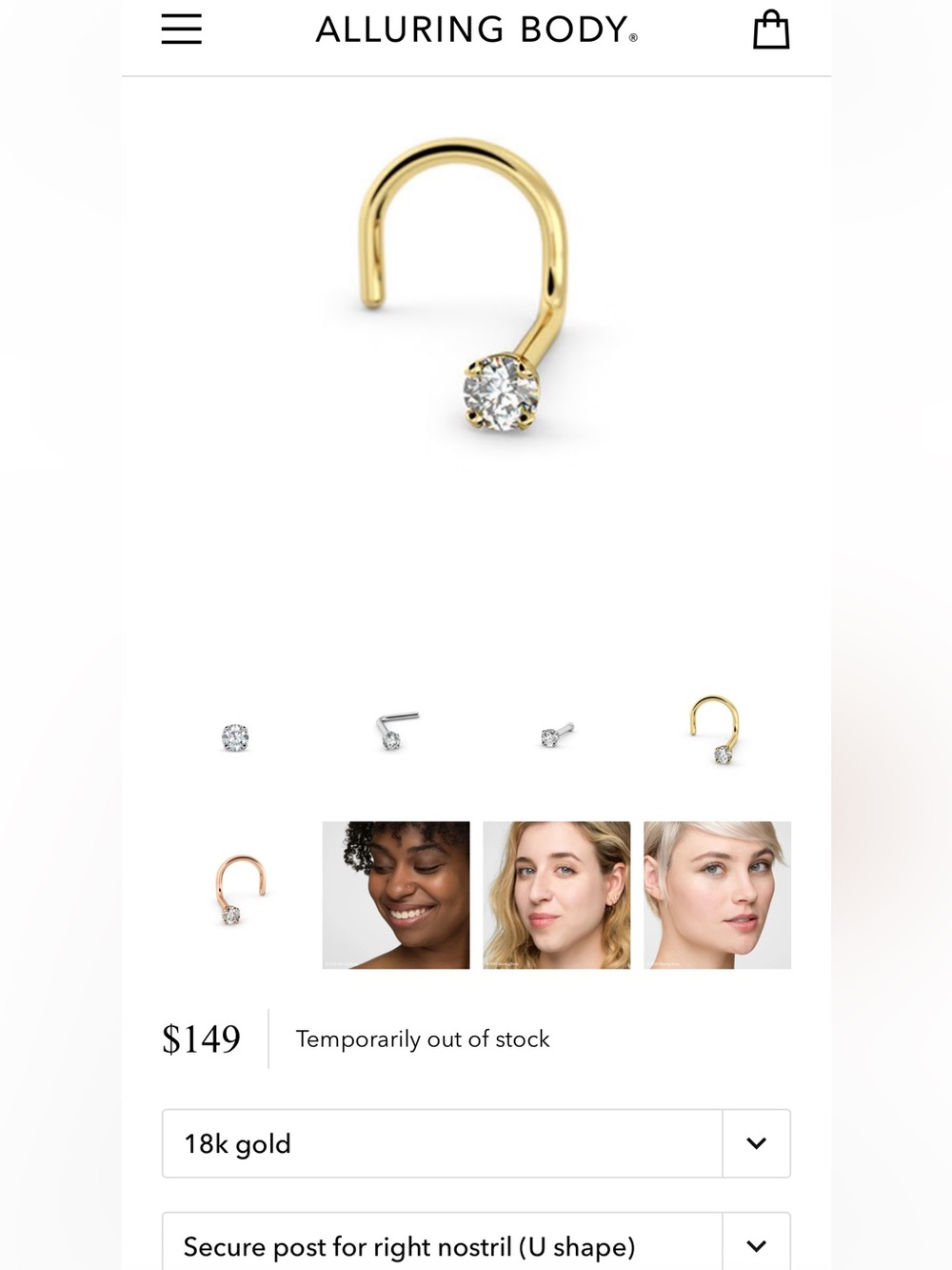 18k Gold Nose Screw with Single Gem - Gold